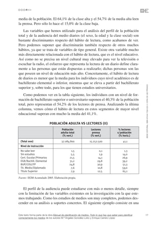 media de la población. El 64,1% de la clase alta y el 54,7% de la media alta leen
la prensa. Pero sólo lo hace el 15,0% de la clase baja.
    Las variables que hemos utilizado para el análisis del perfil de la población
total y de la audiencia del medio diarios (el sexo, la edad y la clase social) son
bastante discriminantes respecto del hábito de lectura, como acabamos de ver.
Pero podemos suponer que discriminarán también respecto de otros muchos
hábitos, ya que se trata de variables de tipo general. Existe otra variable mucho
más directamente relacionada con el hábito de lectura, que es el nivel educativo.
Así como no se precisa un nivel cultural muy elevado para ver la televisión o
escuchar la radio, el esfuerzo que representa la lectura de un diario define clara-
mente a las personas que están dispuestas a realizarlo; dichas personas son las
que poseen un nivel de educación más alto. Concretamente, el hábito de lectura
de diarios es menor que la media para los individuos cuyo nivel académico es de
bachillerato elemental o inferior, mientras que se eleva a partir del bachillerato




                                                                                                                 ©ESIC EDITORIAL. ISBN 978-84-7356-523-3. COPIA DE USO PRIVADO
superior y, sobre todo, para los que tienen estudios universitarios.
    Como podemos ver en la tabla siguiente, los individuos con un nivel de for-
mación de bachillerato superior o universitario suponen el 40,3% de la población
total, pero representan el 54,2% de los lectores de prensa. Analizando la última
columna, vemos cómo el hábito de lectura en estos segmentos de mayor nivel
educacional superan con mucho la media del 41,1%.

                             POBLACIÓN ADULTA VS LECTORES (II)
                                         Población                   Lectores                   % lectores
                                        adulta total                  prensa                   s/población
                                         (% vert.)                   (% vert.)                  (% horiz.)

  (Total 000)                            37.084.800                 15.252.500                      41,1
  Nivel de instrucción
  No sabe leer                                    1,5                       0,1                      1,3
  Sin estudios                                    5,5                       1,9                     14,0
  Cert. Escolar/Primarios                        21,5                      14,1                     26,9
  EGB/Bachill. Elemental                         31,2                      29,8                     39,2
  BUP/COU/FP                                     24,8                      30,9                     51,3
  Tit. Medio/Diplomado                            7,6                      10,8                     59,0
  Título Superior                                 7,9                      12,5                     65,1

Fuente: EGM Acumulado 2005. Elaboración propia.



   El perfil de la audiencia puede estudiarse con más o menos detalle, siempre
con la limitación de las variables existentes en la investigación con la que este-
mos trabajando. Como los estudios de medios son muy completos, podemos des-
cender en su análisis a soportes concretos. El siguiente ejemplo consiste en una


Este texto forma parte de la obra Manual de planificación de medios. Todo lo que hay que saber para planificar   17
correctamente los medios de los autores M.ª Ángeles González Lobo y Enrique Carrero López
 
