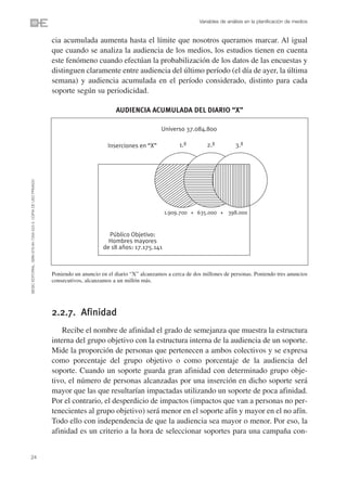 Variables de análisis en la planificación de medios


                                                                cia acumulada aumenta hasta el límite que nosotros queramos marcar. Al igual
                                                                que cuando se analiza la audiencia de los medios, los estudios tienen en cuenta
                                                                este fenómeno cuando efectúan la probabilización de los datos de las encuestas y
                                                                distinguen claramente entre audiencia del último período (el día de ayer, la última
                                                                semana) y audiencia acumulada en el período considerado, distinto para cada
                                                                soporte según su periodicidad.

                                                                                          AUDIENCIA ACUMULADA DEL DIARIO “X”

                                                                                                             Universo 37.084.800

                                                                                       Inserciones en “X”            1.ª        2.ª           3.ª
©ESIC EDITORIAL. ISBN 978-84-7356-523-3. COPIA DE USO PRIVADO




                                                                                                              1.909.700 + 635.000 + 398.000



                                                                                       Público Objetivo:
                                                                                       Hombres mayores
                                                                                     de 18 años: 17.175.141



                                                                Poniendo un anuncio en el diario “X” alcanzamos a cerca de dos millones de personas. Poniendo tres anuncios
                                                                consecutivos, alcanzamos a un millón más.




                                                                2.2.7. Afinidad
                                                                    Recibe el nombre de afinidad el grado de semejanza que muestra la estructura
                                                                interna del grupo objetivo con la estructura interna de la audiencia de un soporte.
                                                                Mide la proporción de personas que pertenecen a ambos colectivos y se expresa
                                                                como porcentaje del grupo objetivo o como porcentaje de la audiencia del
                                                                soporte. Cuando un soporte guarda gran afinidad con determinado grupo obje-
                                                                tivo, el número de personas alcanzadas por una inserción en dicho soporte será
                                                                mayor que las que resultarían impactadas utilizando un soporte de poca afinidad.
                                                                Por el contrario, el desperdicio de impactos (impactos que van a personas no per-
                                                                tenecientes al grupo objetivo) será menor en el soporte afín y mayor en el no afín.
                                                                Todo ello con independencia de que la audiencia sea mayor o menor. Por eso, la
                                                                afinidad es un criterio a la hora de seleccionar soportes para una campaña con-


24
 