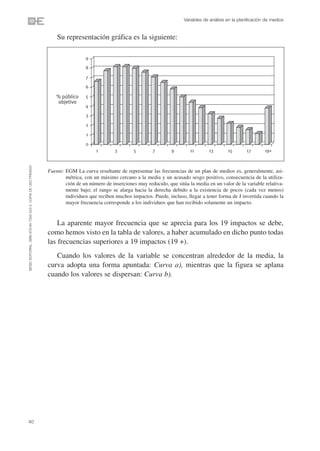 Variables de análisis en la planificación de medios


                                                                    Su representación gráfica es la siguiente:

                                                                                 9

                                                                                 8

                                                                                 7

                                                                                 6

                                                                    % público    5
                                                                    objetivo
                                                                                 4

                                                                                 3

                                                                                 2

                                                                                 1

                                                                                 0
                                                                                      1        3        5       7        9        11       13        15        17       19+
©ESIC EDITORIAL. ISBN 978-84-7356-523-3. COPIA DE USO PRIVADO




                                                                Fuente: EGM La curva resultante de representar las frecuencias de un plan de medios es, generalmente, asi-
                                                                        métrica, con un máximo cercano a la media y un acusado sesgo positivo, consecuencia de la utiliza-
                                                                        ción de un número de inserciones muy reducido, que sitúa la media en un valor de la variable relativa-
                                                                        mente bajo; el rango se alarga hacia la derecha debido a la existencia de pocos (cada vez menos)
                                                                        individuos que reciben muchos impactos. Puede, incluso, llegar a tener forma de J invertida cuando la
                                                                        mayor frecuencia corresponde a los individuos que han recibido solamente un impacto.


                                                                    La aparente mayor frecuencia que se aprecia para los 19 impactos se debe,
                                                                como hemos visto en la tabla de valores, a haber acumulado en dicho punto todas
                                                                las frecuencias superiores a 19 impactos (19 +).
                                                                   Cuando los valores de la variable se concentran alrededor de la media, la
                                                                curva adopta una forma apuntada: Curva a), mientras que la figura se aplana
                                                                cuando los valores se dispersan: Curva b).




40
 