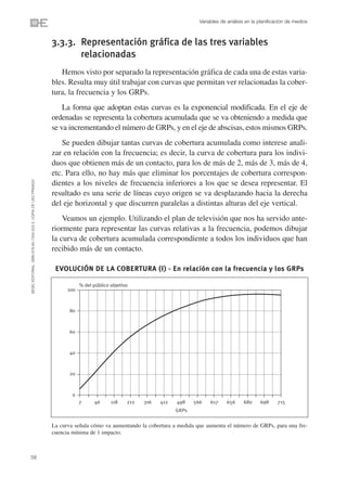Variables de análisis en la planificación de medios



                                                                3.3.3. Representación gráfica de las tres variables
                                                                       relacionadas
                                                                   Hemos visto por separado la representación gráfica de cada una de estas varia-
                                                                bles. Resulta muy útil trabajar con curvas que permitan ver relacionadas la cober-
                                                                tura, la frecuencia y los GRPs.
                                                                    La forma que adoptan estas curvas es la exponencial modificada. En el eje de
                                                                ordenadas se representa la cobertura acumulada que se va obteniendo a medida que
                                                                se va incrementando el número de GRPs, y en el eje de abscisas, estos mismos GRPs.
                                                                   Se pueden dibujar tantas curvas de cobertura acumulada como interese anali-
                                                                zar en relación con la frecuencia; es decir, la curva de cobertura para los indivi-
                                                                duos que obtienen más de un contacto, para los de más de 2, más de 3, más de 4,
                                                                etc. Para ello, no hay más que eliminar los porcentajes de cobertura correspon-
©ESIC EDITORIAL. ISBN 978-84-7356-523-3. COPIA DE USO PRIVADO




                                                                dientes a los niveles de frecuencia inferiores a los que se desea representar. El
                                                                resultado es una serie de líneas cuyo origen se va desplazando hacia la derecha
                                                                del eje horizontal y que discurren paralelas a distintas alturas del eje vertical.
                                                                    Veamos un ejemplo. Utilizando el plan de televisión que nos ha servido ante-
                                                                riormente para representar las curvas relativas a la frecuencia, podemos dibujar
                                                                la curva de cobertura acumulada correspondiente a todos los individuos que han
                                                                recibido más de un contacto.

                                                                 EVOLUCIÓN DE LA COBERTURA (I) - En relación con la frecuencia y los GRPs

                                                                            % del público objetivo
                                                                      100



                                                                       80



                                                                       60



                                                                       40



                                                                       20



                                                                        0
                                                                            7     46      118    212   316   412   498    566    617    656     680     698     715
                                                                                                                   GRPs


                                                                La curva señala cómo va aumentando la cobertura a medida que aumenta el número de GRPs, para una fre-
                                                                cuencia mínima de 1 impacto.



58
 