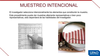 MUESTREO INTENCIONAL
El investigador selecciona intencionalmente los elementos que constituirán la  
muestra.
Este procedimiento puede dar muestras altamente representativas o bien  
poco 
representativas, esto dependerá de las habilidades del investigador.
 