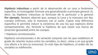 Hipótesis  inductivas: a  partir  de  la  observación  de  un  caso  o  fenómeno 
específico, el investigador formula una generalización o principio general. Es 
decir,  las  hipótesis  inductivas  se  formulan  de  lo  particular  a  lo  general.
Por ejemplo, Newton observó que, aunque la Luna y la manzana son dos 
cuerpos  esféricos,  solo  la  manzana  cae  al  suelo.  Captar  esta  diferencia 
específica le permitió inducir la existencia de una ley que explicara dicho 
comportamiento.  Así,  formuló  la  hipótesis  de  que  existe  una  fuerza  de 
atracción (gravedad) entre los cuerpos.
• Hipótesis correlacionales
Hipótesis correlacionales o de variación conjunta son las que establecen el 
grado de relación mutua entre las variables, es decir, cómo y en qué grado 
una afecta a la otra (y viceversa). En este tipo de hipótesis, el orden de las 
variables es indiferente.
 