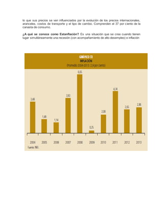 lo que sus precios se ven influenciados por la evolución de los precios internacionales, 
aranceles, costos de transporte y el tipo de cambio. Comprenden el 37 por ciento de la 
canasta de consumo. 
¿A qué se conoce como Estanflación? Es una situación que se crea cuando tienen 
lugar simultáneamente una recesión (con acompañamiento de alto desempleo) e inflación 
