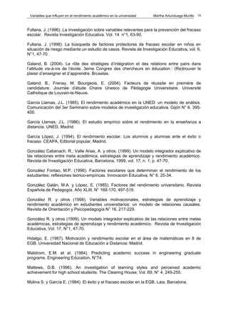 Variables que influyen en el rendimiento académico en la universidad   Martha Artunduaga Murillo   15



Fullana, J. (1996). La investigación sobre variables relevantes para la prevención del fracaso
escolar. Revista Investigación Educativa. Vol. 14 n°1, 63-90.

Fullana, J. (1998): La búsqueda de factores protectores de fracaso escolar en niños en
situación de riesgo mediante un estudio de casos. Revista de Investigación Educativa, vol. 6,
N°1, 47-70.

Galand, B. (2004). Le rôle des stratégies d’intégration et des relations entre pairs dans
l’attitude vis-à-vis de l’école. 3eme Congres des chercheurs en éducation : (Re)trouver le
plaisir d’enseigner et d’apprendre. Bruselas.

Galand, B., Frenay, M. Bourgeois, E. (2004). Facteurs de réussite en première de
candidature. Journée d’étude Chaire Unesco de Pédagogie Universitaire. Université
Catholique de Louvain-le-Neuve.

García Llamas, J.L. (1985). El rendimiento académico en la UNED: un modelo de análisis.
Comunicación del 3er Seminario sobre modelos de investigación educativa. Gijón N° 6. 395-
400.

García Llamas, J.L. (1986). El estudio empírico sobre el rendimiento en la enseñanza a
distancia. UNED, Madrid.

García López, J. (1994). El rendimiento escolar. Los alumnos y alumnas ante el éxito o
fracaso. CEAPA, Editorial popular, Madrid.

González Cabanach, R., Valle Arias, A. y otros. (1999). Un modelo integrador explicativo de
las relaciones entre meta académica, estrategias de aprendizaje y rendimiento académico.
Revista de Investigación Educativa, Barcelona, 1999, vol. 17, n. 1; p. 47-70.

González Fontao, M.P. (1996). Factores escolares que determinan el rendimiento de los
estudiantes: reflexiones teórico-empíricas. Innovación Educativa, N° 6, 25-34.

González Galán, M.A. y López, E. (1985). Factores del rendimiento universitario. Revista
Española de Pedagogía. Año XLIII, N° 169-170, 497-519.

González R. y otros (1998). Variables motivacionales, estrategias de aprendizaje y
rendimiento académico en estudiantes universitarios: un modelo de relaciones causales.
Revista de Orientación y Psicopedagogía N° 16, 217-229.

González R. y otros (1999). Un modelo integrador explicativo de las relaciones entre metas
académicas, estrategias de aprendizaje y rendimiento académico. Revista de Investigación
Educativa, Vol. 17, N°1, 47-70.

Hidalgo, E. (1987). Motivación y rendimiento escolar en el área de matemáticas en 8 de
EGB. Universidad Nacional de Educación a Distancia: Madrid.

Malstrom, E.M. et al. (1984). Predicting academic success in engineering graduate
programs. Engineering Education, N°74.

Mattews, D.B. (1996). An investigation of learning styles and perceived academic
achievement for high school students. The Clearing House, Vol. 69, N° 4, 249-255.

Molina S. y García E. (1984). El éxito y el fracaso escolar en la EGB. Laia, Barcelona.
 