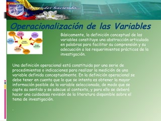 Operacionalización de las Variables
Básicamente, la definición conceptual de las 
variables constituye una abstracción articulada
en palabras para facilitar su comprensión y su
adecuación a los requerimientos prácticos de la
investigación. 
Una definición operacional está constituida por una serie de
procedimientos o indicaciones para realizar la medición de una
variable definida conceptualmente. En la definición operacional se
debe tener en cuenta que lo que se intenta es obtener la mayor
información posible de la variable seleccionada, de modo que se
capte su sentido y se adecue al contexto, y para ello se deberá
hacer una cuidadosa revisión de la literatura disponible sobre el
tema de investigación.
. 

 