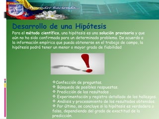 Desarrollo de una Hipótesis

Para el método científico, una hipótesis es una solución provisoria y que
aún no ha sido confirmada para un determinado problema. De acuerdo a
la información empírica que pueda obtenerse en el trabajo de campo, la
hipótesis podrá tener un menor o mayor grado de fiabilidad

Confección de preguntas.
 Búsqueda de posibles respuestas.
 Predicción de los resultados .
 Experimentación y registro detallado de los hallazgos.
 Análisis y procesamiento de los resultados obtenidos.
 Por último, se concluye si la hipótesis es verdadera o
falsa, dependiendo del grado de exactitud de la
predicción.

 