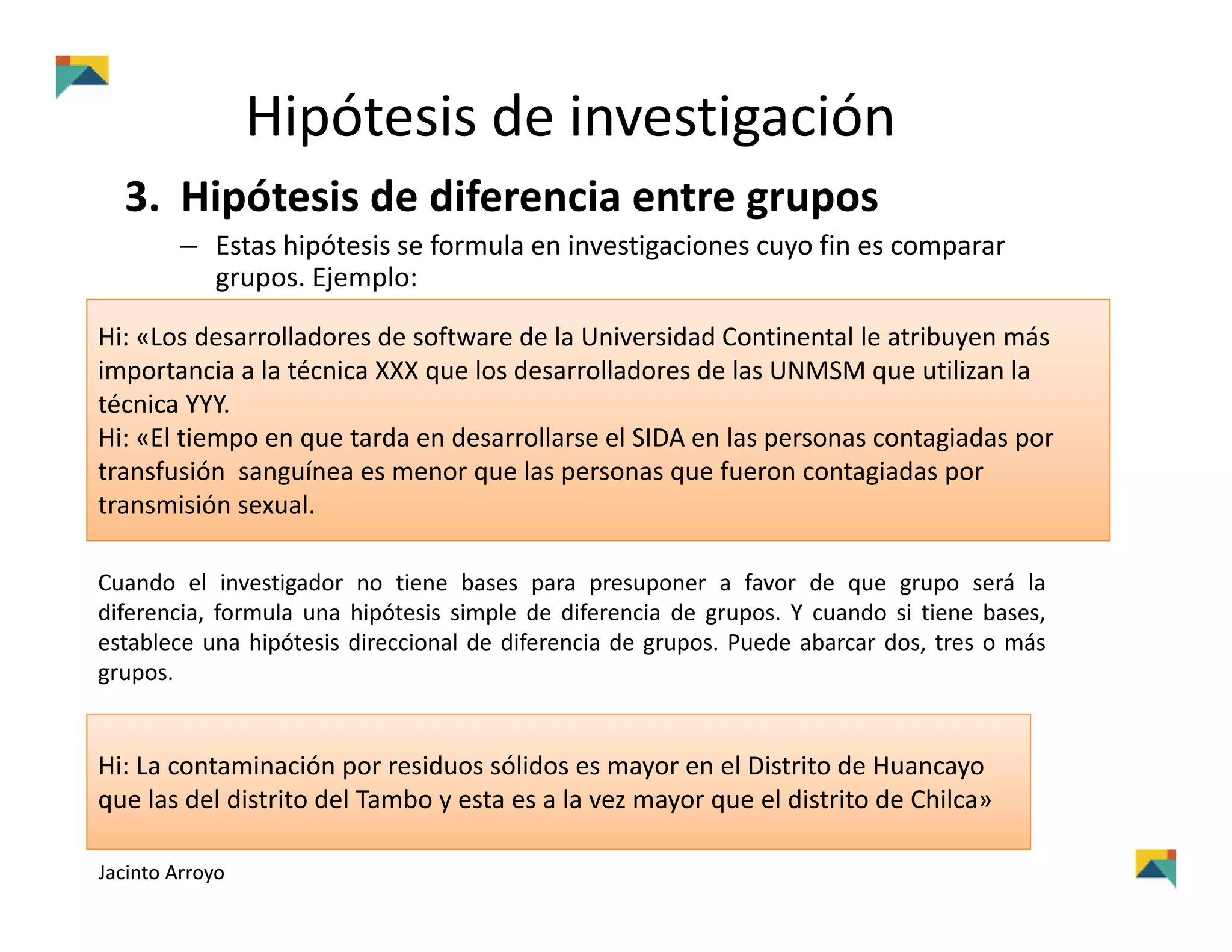 Hipótesis de investigación
3. Hipótesis de diferencia entre grupos
– Estas hipótesis se formula en investigaciones cuyo fin es comparar 
grupos. Ejemplo:
Hi: «Los desarrolladores de software de la Universidad Continental le atribuyen más 
importancia a la técnica XXX que los desarrolladores de las UNMSM que utilizan la 
técnica YYY.
Hi: «El tiempo en que tarda en desarrollarse el SIDA en las personas contagiadas por 
transfusión  sanguínea es menor que las personas que fueron contagiadas por 
transmisión sexual.
Cuando el investigador no tiene bases para presuponer a favor de que grupo será la
diferencia, formula una hipótesis simple de diferencia de grupos. Y cuando si tiene bases,
establece una hipótesis direccional de diferencia de grupos. Puede abarcar dos, tres o más
grupos.
Hi: La contaminación por residuos sólidos es mayor en el Distrito de Huancayo 
que las del distrito del Tambo y esta es a la vez mayor que el distrito de Chilca» 
Jacinto Arroyo
 