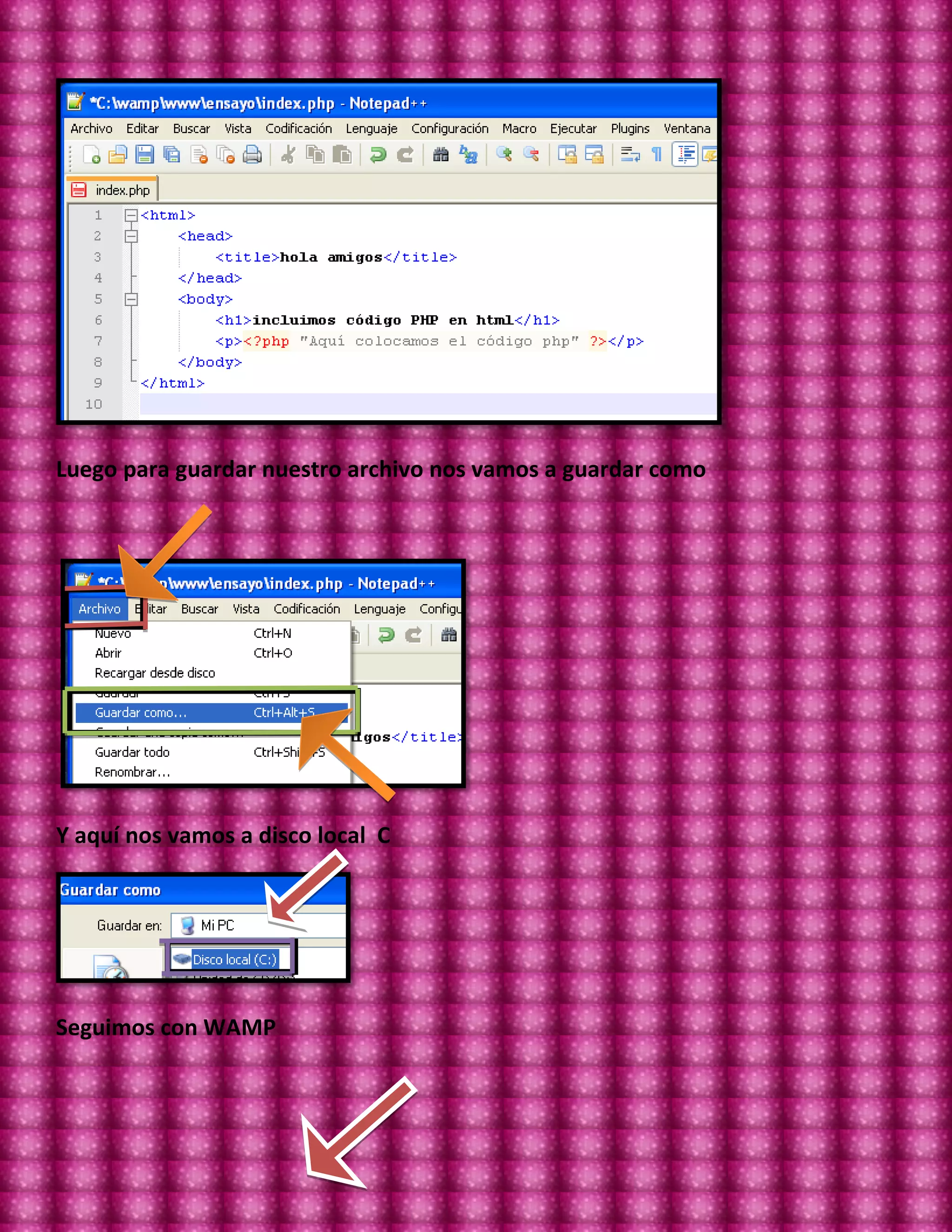 Luego para guardar nuestro archivo nos vamos a guardar como




Y aquí nos vamos a disco local C




Seguimos con WAMP
 
