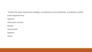 Factores de mayor importancia etiológica se relacionan con los habitantes, el ambiente o ambos.
Enfermedad diarreica
Hepatitis
Infecciones urinarias
Dengue
Hipertensión
Diabetes
cáncer
 
