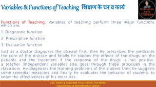 Variables&FunctionsofTeaching शिक्षणक
े चरवकार्य
Functions of Teaching: Variables of teaching perform three major functions
which are:
1. Diagnostic function
2. Prescriptive function
3. Evaluative function
Just as a doctor diagnoses the disease first, then he prescribes the medicines
the cure of the disease and finally he studies the effects of the drugs on the
patients and the treatment if the response of the drugs is not positive.
a teacher [independent variable] also goes through these processes in the
classroom. He diagnoses the learning problems of the student then he suggests
some remedial measures and finally he evaluates the behavior of students to
know the effectiveness of his measures.
LIKE, SHARE & SUBSCRIBE THIS CHANNEL FOR MORE
EDUCATIONAL & MOTIVATIONAL VIDEOS
 
