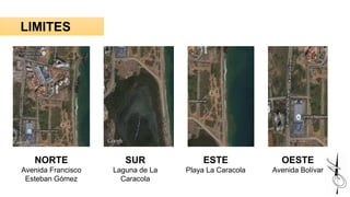LIMITES
NORTE
Avenida Francisco
Esteban Gómez
SUR
Laguna de La
Caracola
ESTE
Playa La Caracola
OESTE
Avenida Bolívar
 