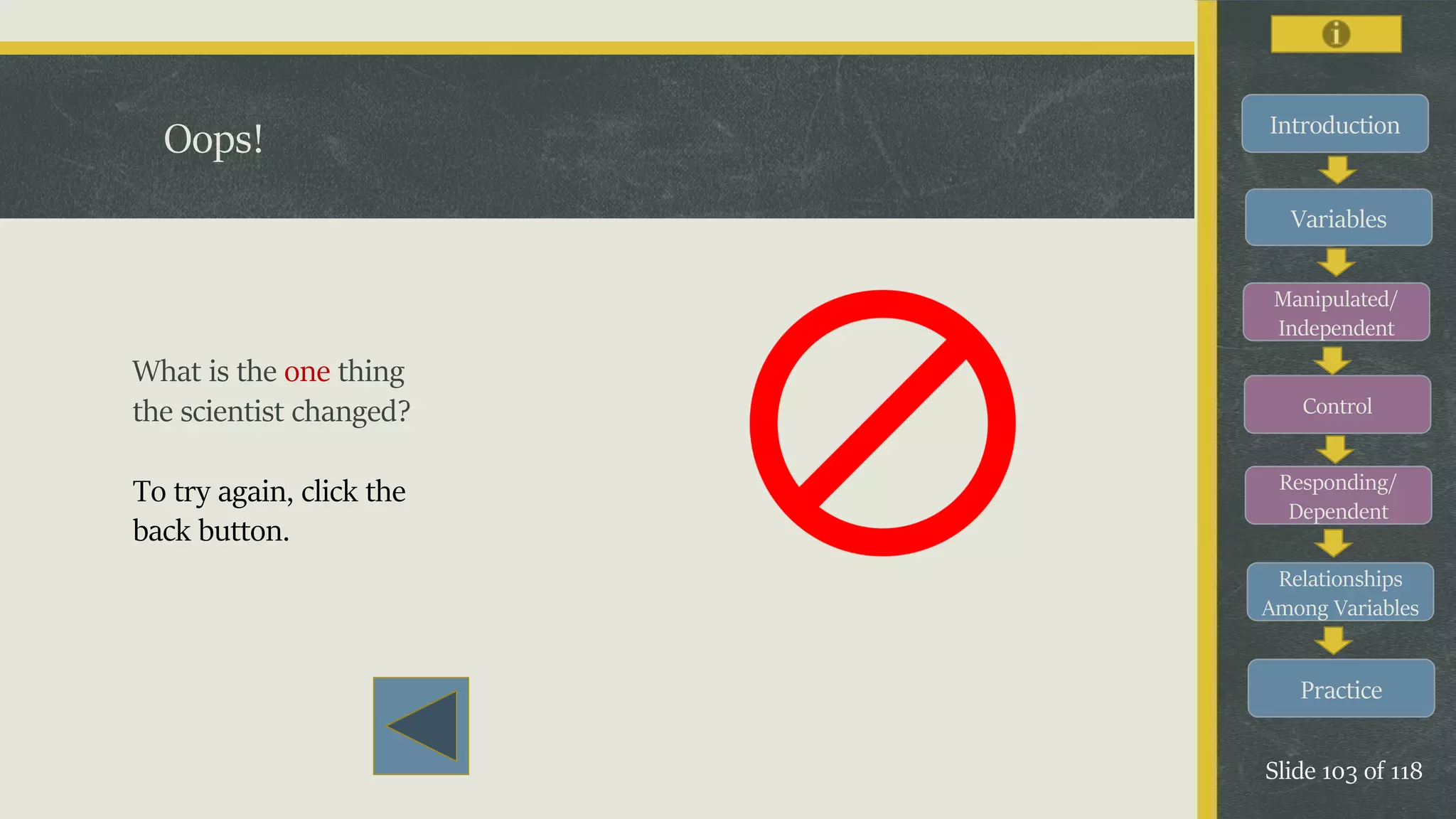Introduction
Variables
Manipulated/
Independent
Control
Responding/
Dependent
Relationships
Among Variables
Practice
Slide 103 of 118
Oops!
What is the one thing
the scientist changed?
To try again, click the
back button.
 