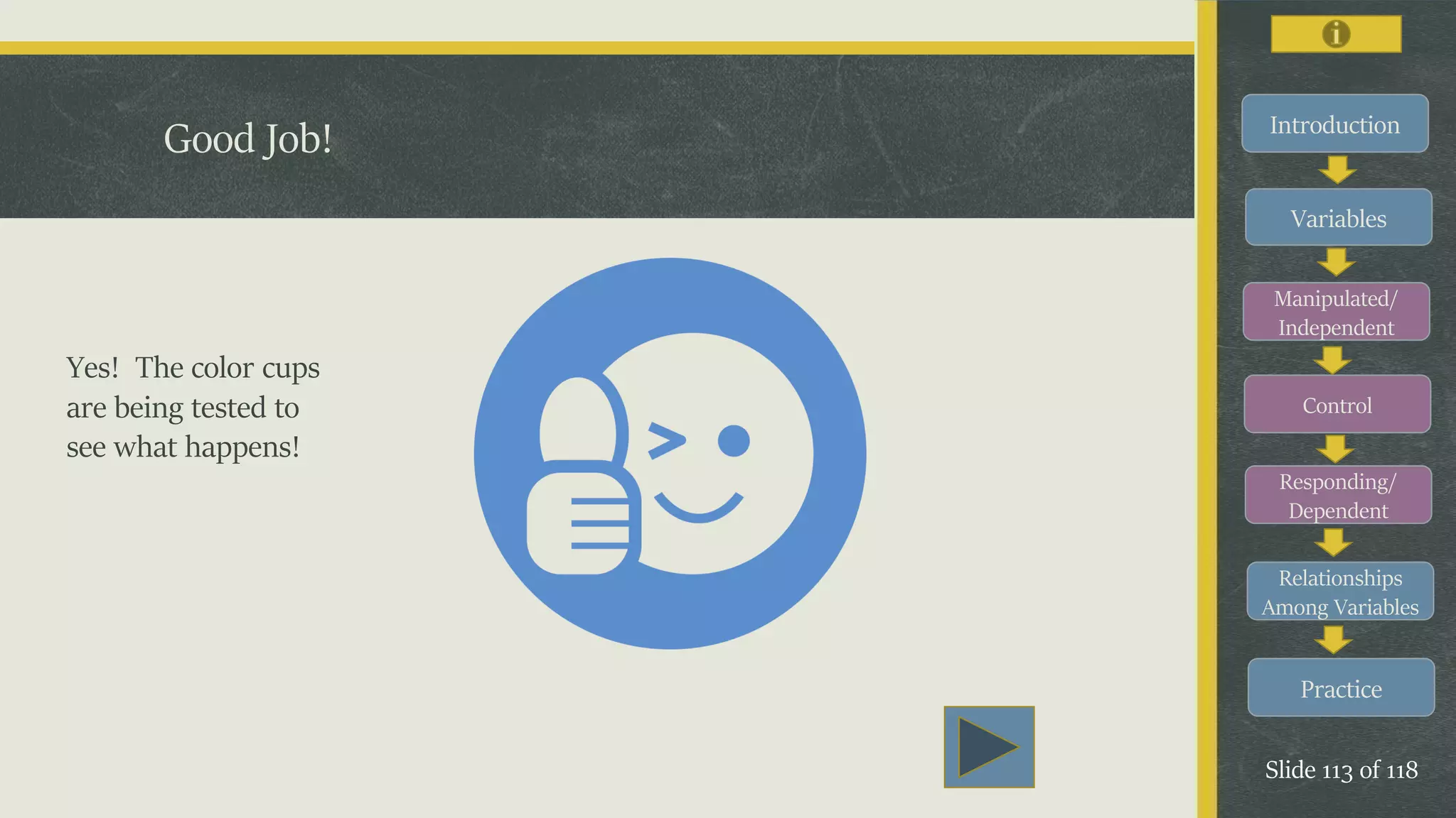 Introduction
Variables
Manipulated/
Independent
Control
Responding/
Dependent
Relationships
Among Variables
Practice
Slide 113 of 118
Good Job!
Yes! The color cups
are being tested to
see what happens!
 
