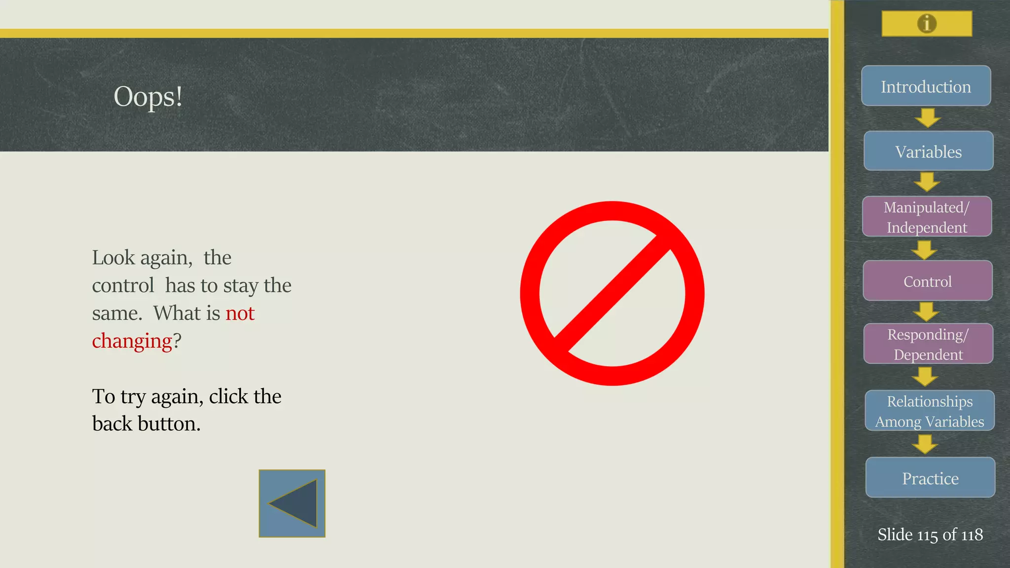 Introduction
Variables
Manipulated/
Independent
Control
Responding/
Dependent
Relationships
Among Variables
Practice
Slide 115 of 118
Oops!
Look again, the
control has to stay the
same. What is not
changing?
To try again, click the
back button.
 