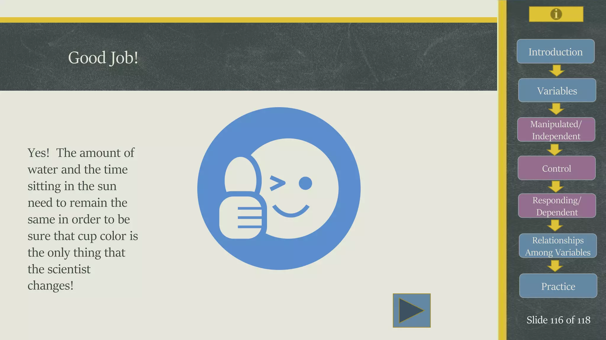 Introduction
Variables
Manipulated/
Independent
Control
Responding/
Dependent
Relationships
Among Variables
Practice
Slide 116 of 118
Good Job!
Yes! The amount of
water and the time
sitting in the sun
need to remain the
same in order to be
sure that cup color is
the only thing that
the scientist
changes!
 