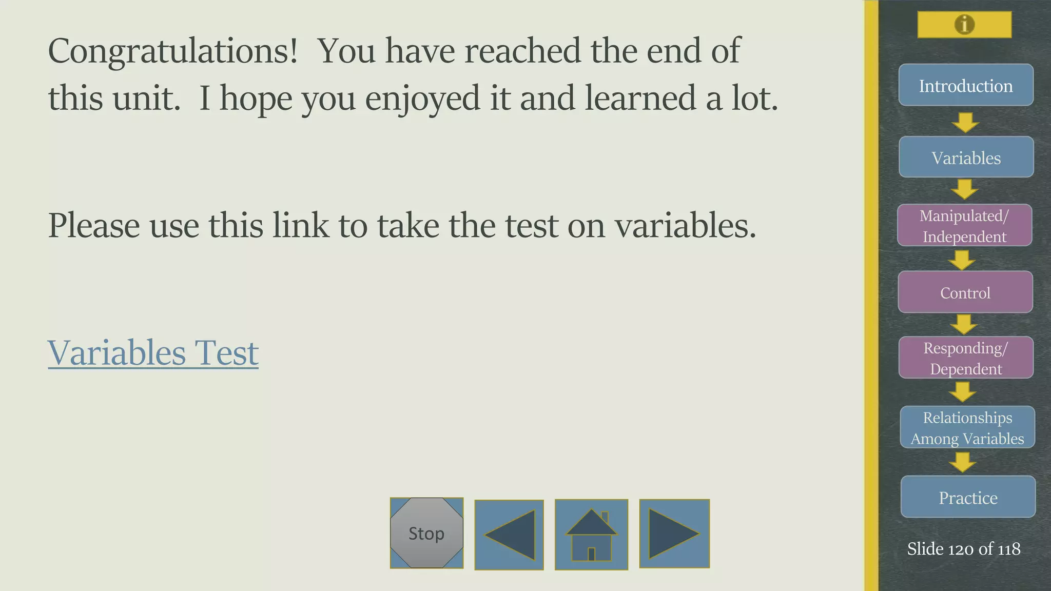 Variables
Manipulated/
Independent
Control
Responding/
Dependent
Relationships
Among Variables
Practice
Slide 120 of 118
Stop
Introduction
Congratulations! You have reached the end of
this unit. I hope you enjoyed it and learned a lot.
Please use this link to take the test on variables.
Variables Test
 