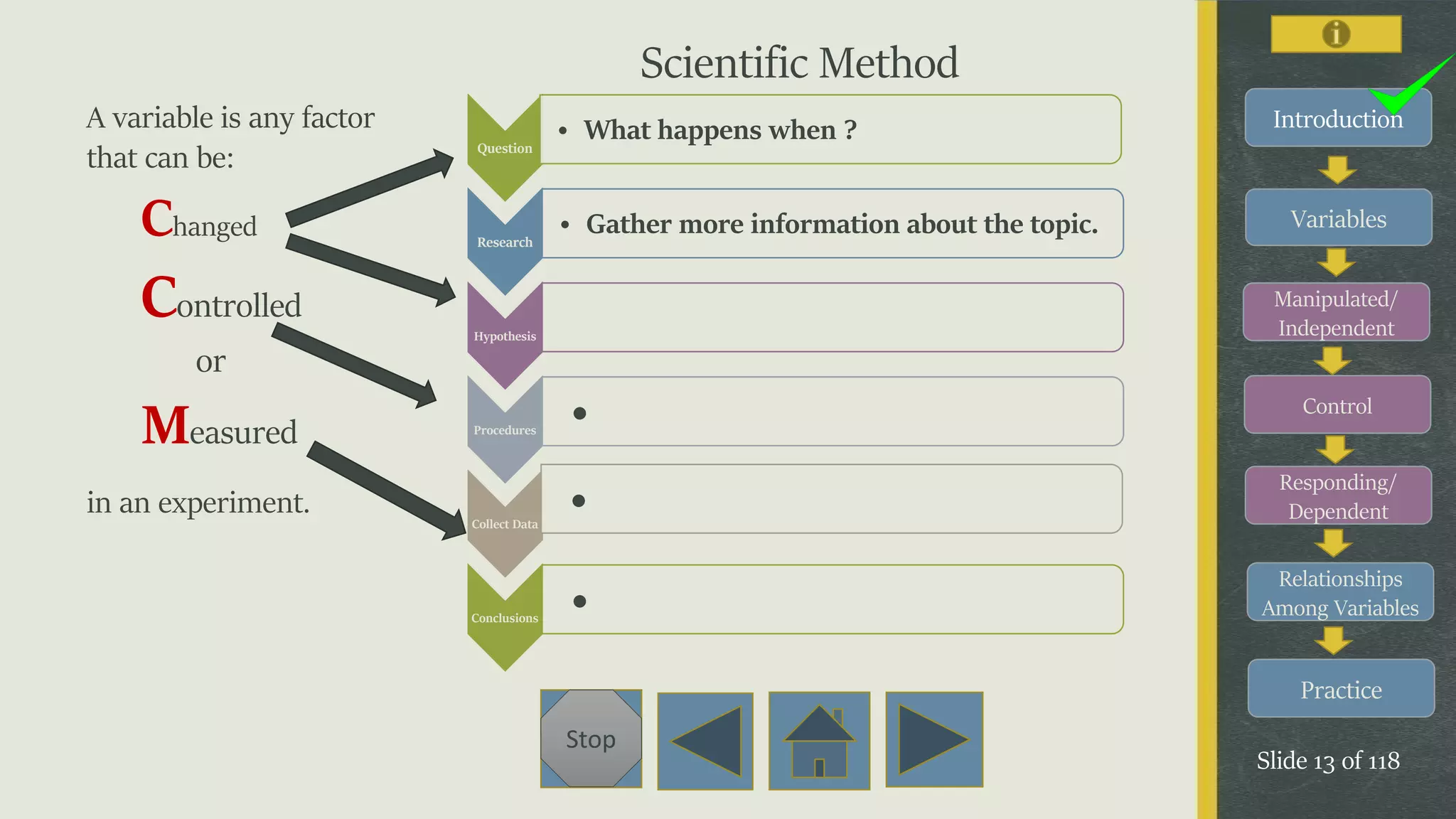 Variables
Manipulated/
Independent
Control
Responding/
Dependent
Relationships
Among Variables
Practice
Slide 13 of 118
Stop
IntroductionA variable is any factor
that can be:
Changed
Controlled
or
Measured
in an experiment.
Question
• What happens when ?
Research
• Gather more information about the topic.
Hypothesis
Procedures •
Collect Data
•
Conclusions •
Scientific Method
 