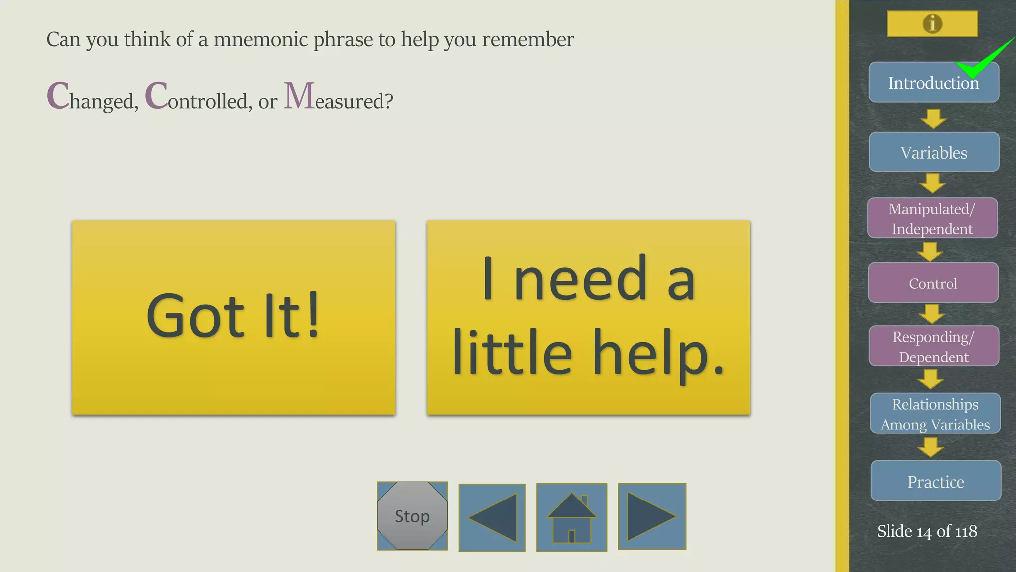 Variables
Manipulated/
Independent
Control
Responding/
Dependent
Relationships
Among Variables
Practice
Slide 14 of 118
Stop
Introduction
Can you think of a mnemonic phrase to help you remember
Changed, Controlled, or Measured?
Got It!
I need a
little help.
 