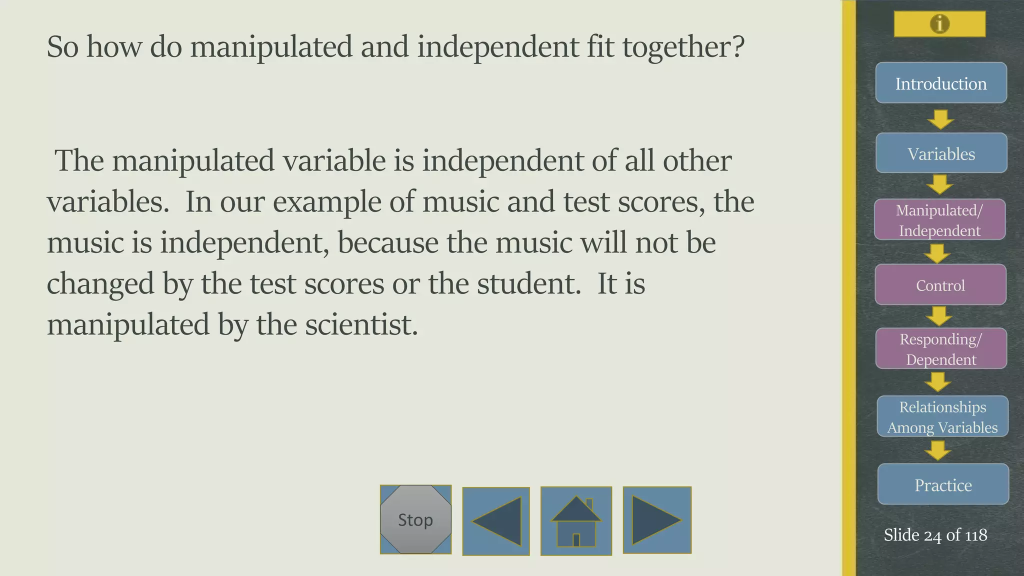 Variables
Manipulated/
Independent
Control
Responding/
Dependent
Relationships
Among Variables
Practice
Slide 24 of 118
Stop
Introduction
So how do manipulated and independent fit together?
The manipulated variable is independent of all other
variables. In our example of music and test scores, the
music is independent, because the music will not be
changed by the test scores or the student. It is
manipulated by the scientist.
 