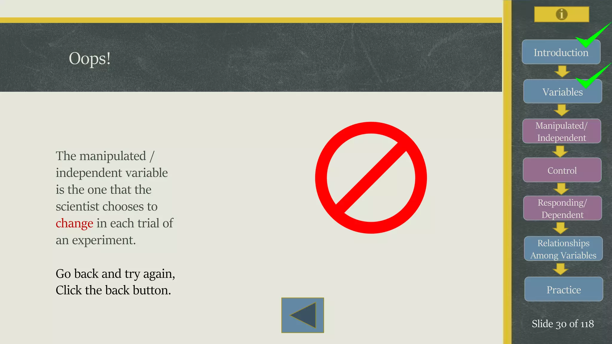Introduction
Variables
Manipulated/
Independent
Control
Responding/
Dependent
Relationships
Among Variables
Practice
Slide 30 of 118
Oops!
The manipulated /
independent variable
is the one that the
scientist chooses to
change in each trial of
an experiment.
Go back and try again,
Click the back button.
 