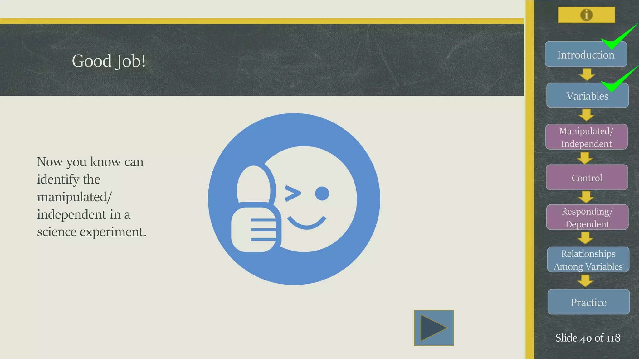 Introduction
Variables
Manipulated/
Independent
Control
Responding/
Dependent
Relationships
Among Variables
Practice
Slide 40 of 118
Good Job!
Now you know can
identify the
manipulated/
independent in a
science experiment.
 