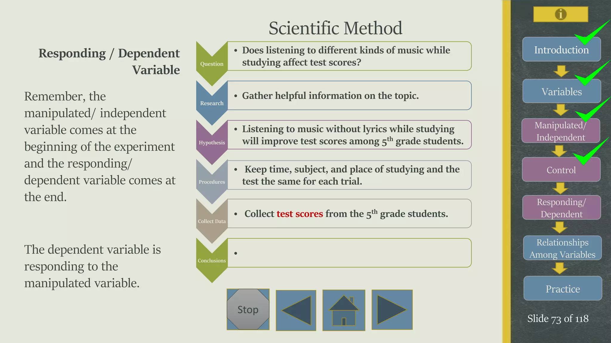 Variables
Manipulated/
Independent
Control
Responding/
Dependent
Relationships
Among Variables
Practice
Slide 73 of 118
Stop
IntroductionResponding / Dependent
Variable
Remember, the
manipulated/ independent
variable comes at the
beginning of the experiment
and the responding/
dependent variable comes at
the end.
The dependent variable is
responding to the
manipulated variable.
Question
• Does listening to different kinds of music while
studying affect test scores?
Research
• Gather helpful information on the topic.
Hypothesis
• Listening to music without lyrics while studying
will improve test scores among 5th grade students.
Procedures
• Keep time, subject, and place of studying and the
test the same for each trial.
Collect Data
• Collect test scores from the 5th grade students.
Conclusions
•
Scientific Method
 
