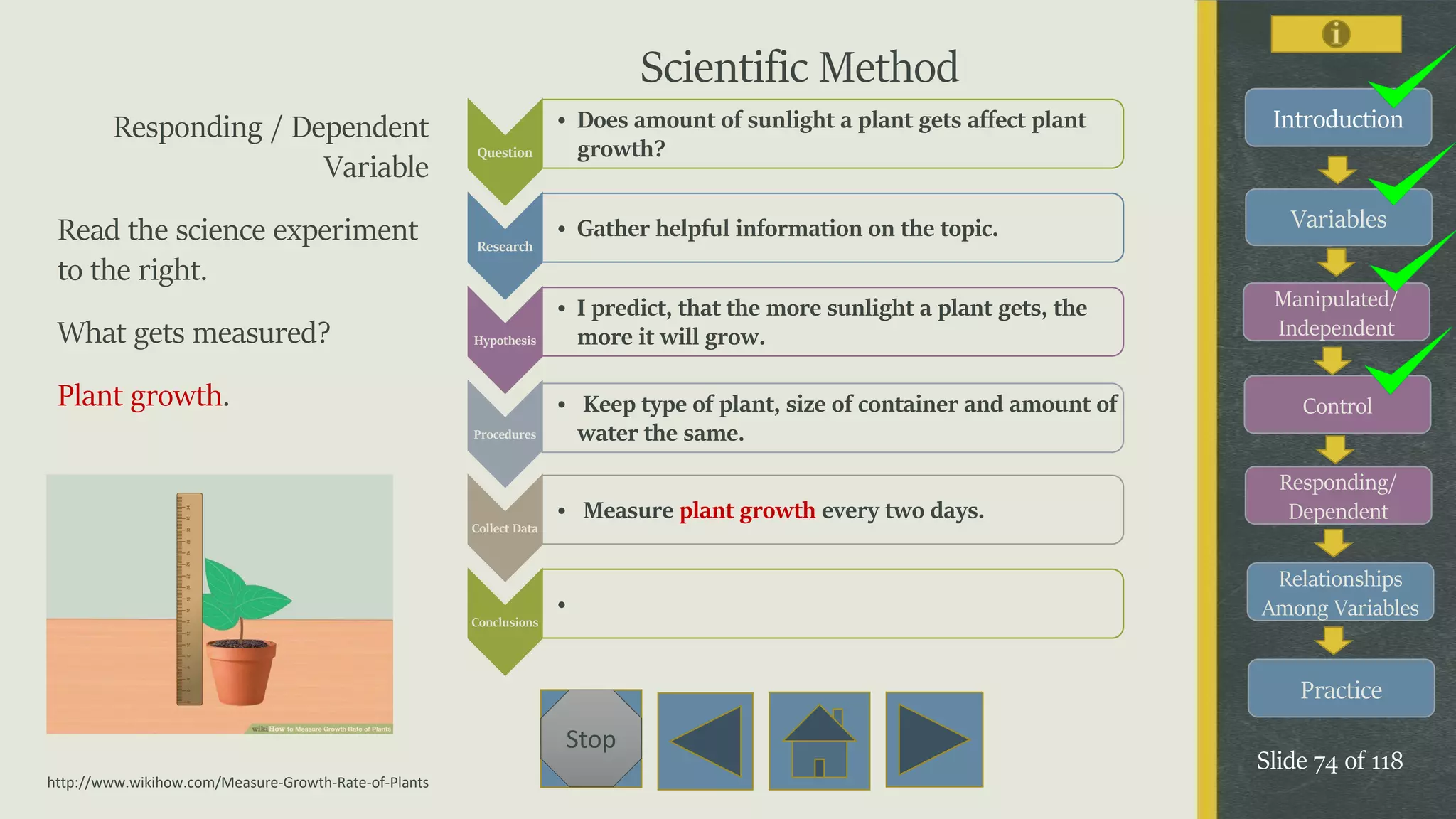 Variables
Manipulated/
Independent
Control
Responding/
Dependent
Relationships
Among Variables
Practice
Slide 74 of 118
Stop
IntroductionResponding / Dependent
Variable
Read the science experiment
to the right.
What gets measured?
Plant growth.
Question
• Does amount of sunlight a plant gets affect plant
growth?
Research
• Gather helpful information on the topic.
Hypothesis
• I predict, that the more sunlight a plant gets, the
more it will grow.
Procedures
• Keep type of plant, size of container and amount of
water the same.
Collect Data
• Measure plant growth every two days.
Conclusions
•
Scientific Method
http://www.wikihow.com/Measure-Growth-Rate-of-Plants
 