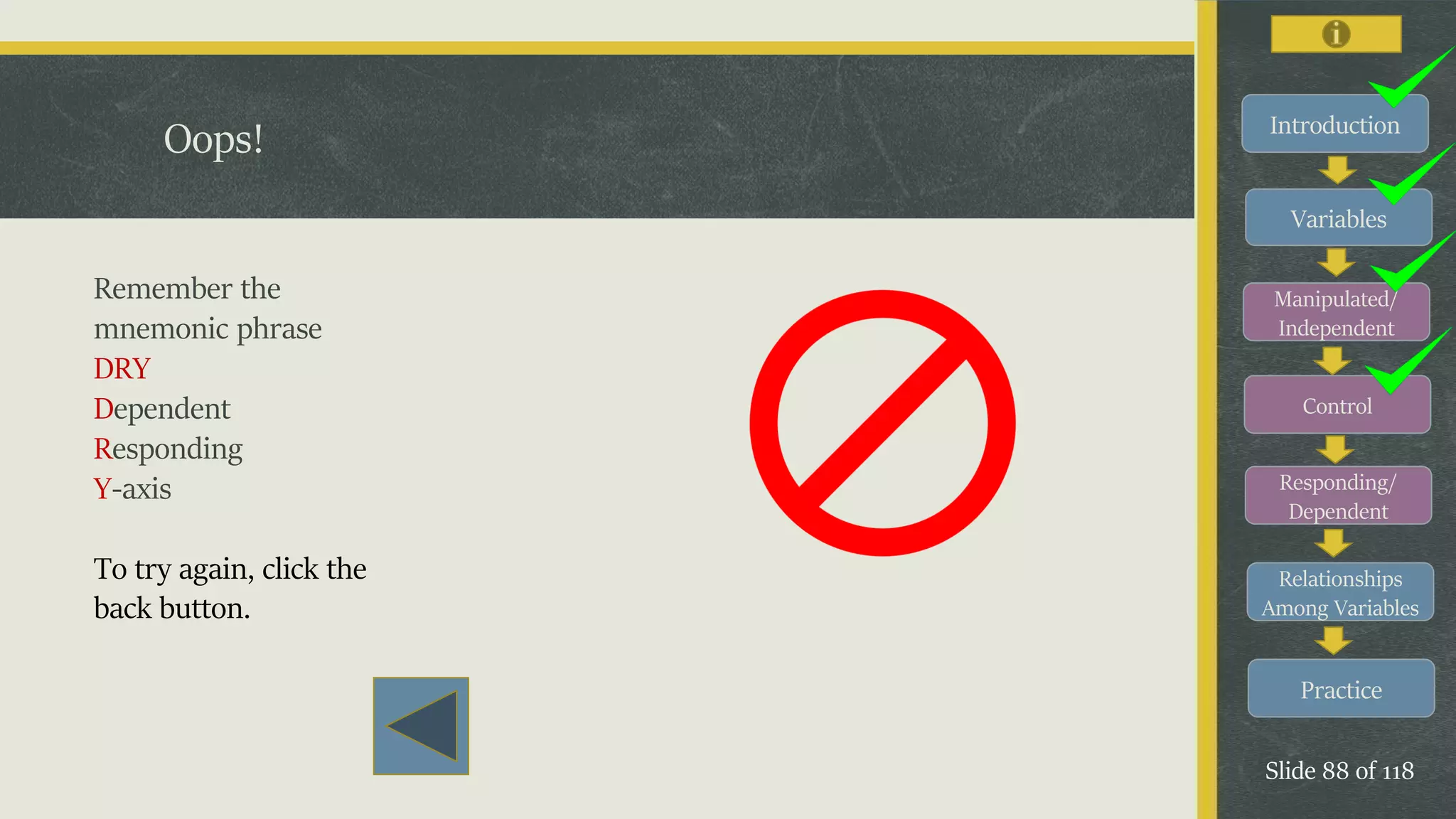 Introduction
Variables
Manipulated/
Independent
Control
Responding/
Dependent
Relationships
Among Variables
Practice
Slide 88 of 118
Oops!
Remember the
mnemonic phrase
DRY
Dependent
Responding
Y-axis
To try again, click the
back button.
 