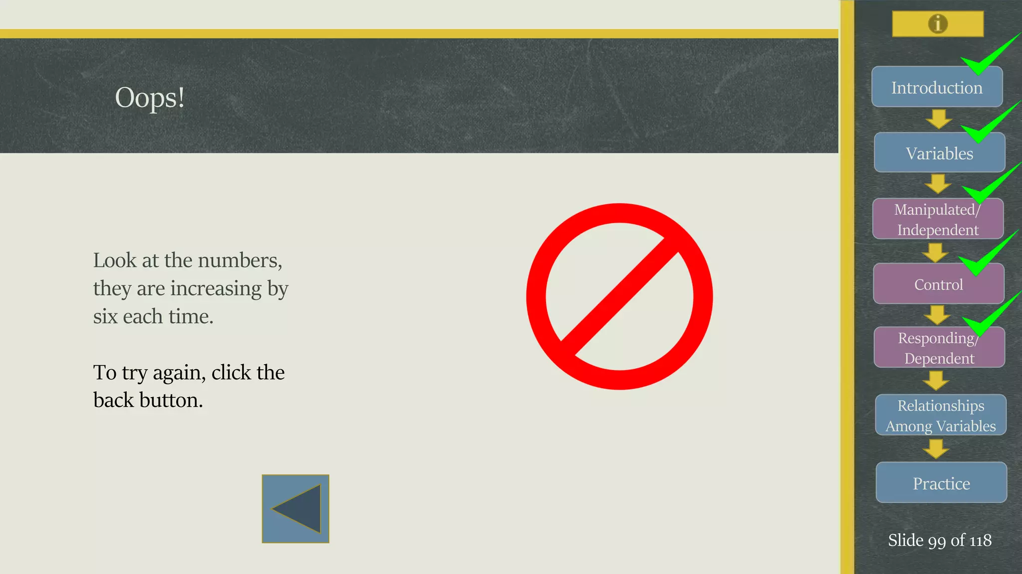 Introduction
Variables
Manipulated/
Independent
Control
Responding/
Dependent
Relationships
Among Variables
Practice
Slide 99 of 118
Oops!
Look at the numbers,
they are increasing by
six each time.
To try again, click the
back button.
 