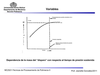 Universidad SSiimmóónn BBoollíívvaarr 
DDeeppaarrttaammeennttoo ddee MMeeccáánniiccaa 
SSeecccciióónn PPoollíímmeerrooss 
Variables 
Dependencia de la masa del “disparo” con respecto al tiempo de presión sostenida 
MC2521-Técnicas de Procesamiento de Polímeros II Prof. Jeanette González/2011 
 