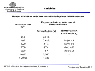 Universidad SSiimmóónn BBoollíívvaarr 
DDeeppaarrttaammeennttoo ddee MMeeccáánniiccaa 
SSeecccciióónn PPoollíímmeerrooss 
Variables 
Tiempos de ciclo en vacío para condiciones de procesamiento comunes 
Fuerza de Cierre 
[kN] 
Tiempos de Ciclo en vacio para el 
procesamiento de 
Termoplásticos [s] Termoestables y 
Elastómeros [s] 
250 0,8-1,8 - 
500 0,9-1,5 Mayor a 3 
1000 1,1-2 Mayor a 6 
2000 1,7-4 Mayor a 12 
5000 2-7 Mayor a 25 
10000 5,5-10 - 
> 30000 15-25 - 
MC2521-Técnicas de Procesamiento de Polímeros II Prof. Jeanette González/2011 
 