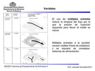 Universidad SSiimmóónn BBoollíívvaarr 
DDeeppaarrttaammeennttoo ddee MMeeccáánniiccaa 
SSeecccciióónn PPoollíímmeerrooss 
Variables 
El uso de múltiples entradas 
reduce la longitud del flujo por lo 
que la presión de inyección 
requerida para llenar el molde es 
menor. 
Múltiples entradas a la cavidad 
causan visibles líneas de soldadura 
y se requiere de complejos 
sistemas de alimentación. 
MC2521-Técnicas de Procesamiento de Polímeros II Prof. Jeanette González/2011 
