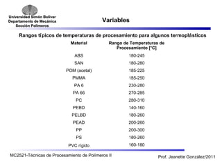 Universidad SSiimmóónn BBoollíívvaarr 
DDeeppaarrttaammeennttoo ddee MMeeccáánniiccaa 
SSeecccciióónn PPoollíímmeerrooss 
Variables 
Rangos típicos de temperaturas de procesamiento para algunos termoplásticos 
Material Rango de Temperaturas de 
Procesamiento [°C] 
ABS 180-245 
SAN 180-280 
POM (acetal) 185-225 
PMMA 185-250 
PA 6 230-280 
PA 66 270-285 
PC 280-310 
PEBD 140-160 
PELBD 180-260 
PEAD 200-260 
PP 200-300 
PS 180-260 
PVC rígido 160-180 
MC2521-Técnicas de Procesamiento de Polímeros II Prof. Jeanette González/2011 
 