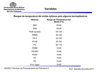 Universidad SSiimmóónn BBoollíívvaarr 
DDeeppaarrttaammeennttoo ddee MMeeccáánniiccaa 
SSeecccciióónn PPoollíímmeerrooss 
Variables 
Rangos de temperatura del molde óptimos para algunos termoplásticos 
Material Rango de Temperatura del 
Molde [°C] 
ABS 40-90 
SAN 40-90 
POM (acetal) 65-125 
PMMA 80-105 
PA 6 20-100 
PA 66 20-100 
PC 80-110 
PEBD 10-95 
PELBD 10-95 
PEAD 10-95 
PP 15-65 
PS 10-40 
PVC rígido 10-65 
MC2521-Técnicas de Procesamiento de Polímeros II Prof. Jeanette González/2011 
 