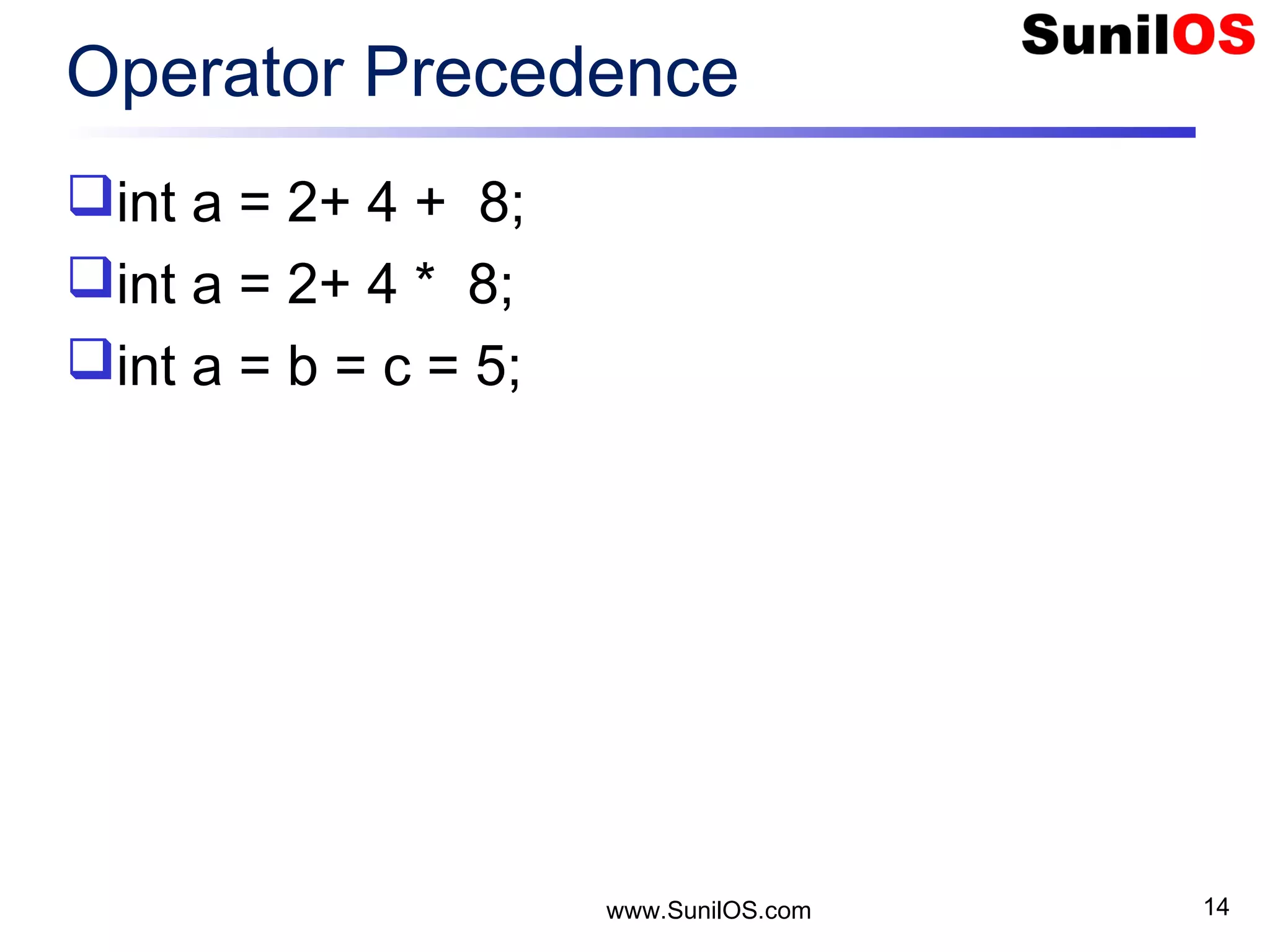 www.SunilOS.com 14 Operator Precedence int a = 2+ 4 + 8; int a = 2+ 4 * 8; int a = b = c = 5; 