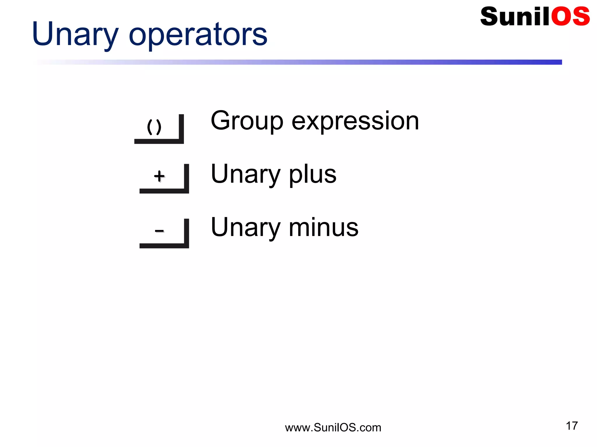 www.SunilOS.com 17 Unary operators ()() ++++ Group expression Unary plus Unary minus---- 