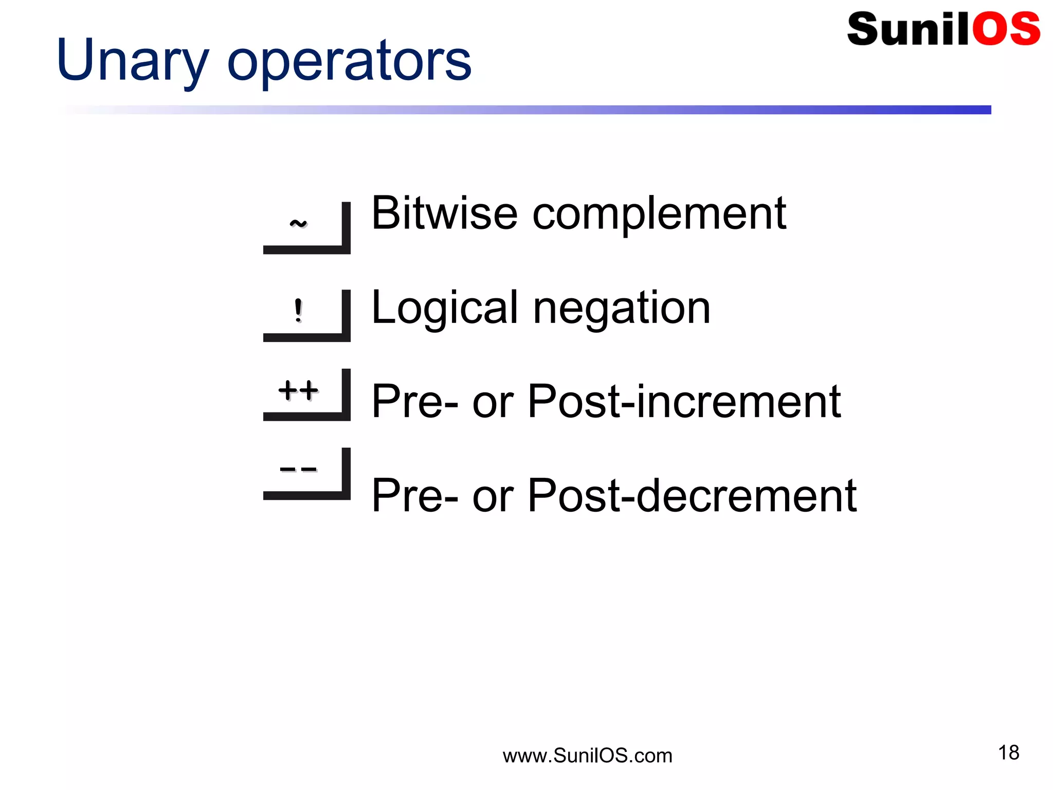 www.SunilOS.com 18 Unary operators ~~~~ !!!! ++++++++ -------- Bitwise complement Logical negation Pre- or Post-increment Pre- or Post-decrement 