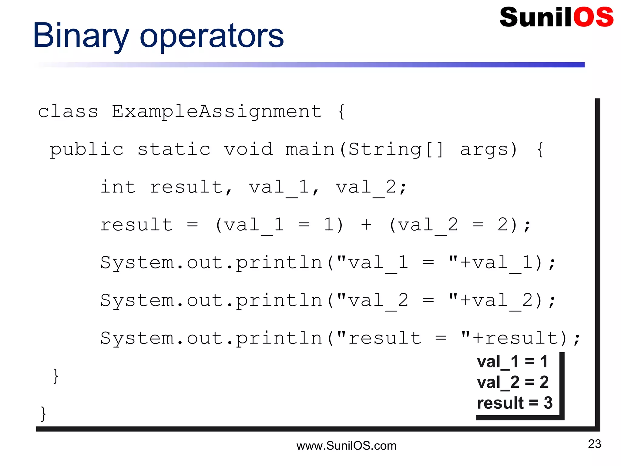 www.SunilOS.com 23 Binary operators class ExampleAssignment { public static void main(String[] args) { int result, val_1, val_2; result = (val_1 = 1) + (val_2 = 2); System.out.println("val_1 = "+val_1); System.out.println("val_2 = "+val_2); System.out.println("result = "+result); } } class ExampleAssignment { public static void main(String[] args) { int result, val_1, val_2; result = (val_1 = 1) + (val_2 = 2); System.out.println("val_1 = "+val_1); System.out.println("val_2 = "+val_2); System.out.println("result = "+result); } } val_1 = 1 val_2 = 2 result = 3 val_1 = 1 val_2 = 2 result = 3 