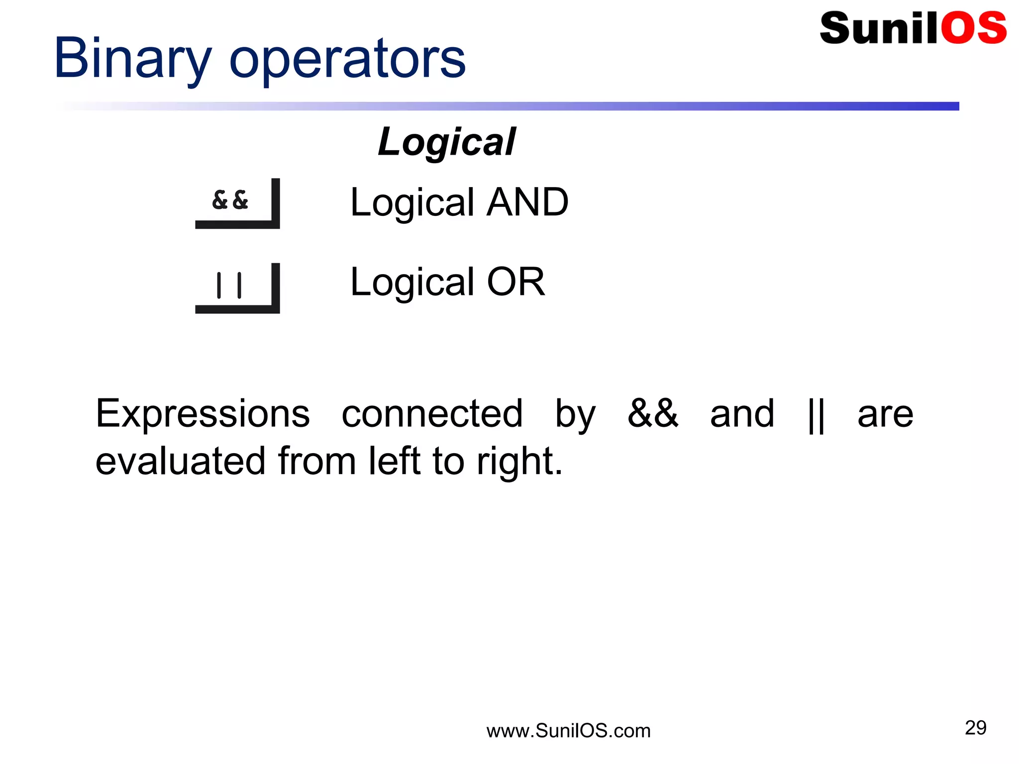 www.SunilOS.com 29 Binary operators &&&& |||| Logical AND Logical OR Logical Expressions connected by && and || are evaluated from left to right. 