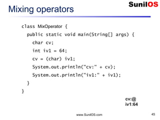 www.SunilOS.com 45
Mixing operators
class MixOperator {
public static void main(String[] args) {
char cv;
int iv1 = 64;
cv = (char) iv1;
System.out.println("cv:" + cv);
System.out.println("iv1:" + iv1);
}
}
cv:@
iv1:64
 