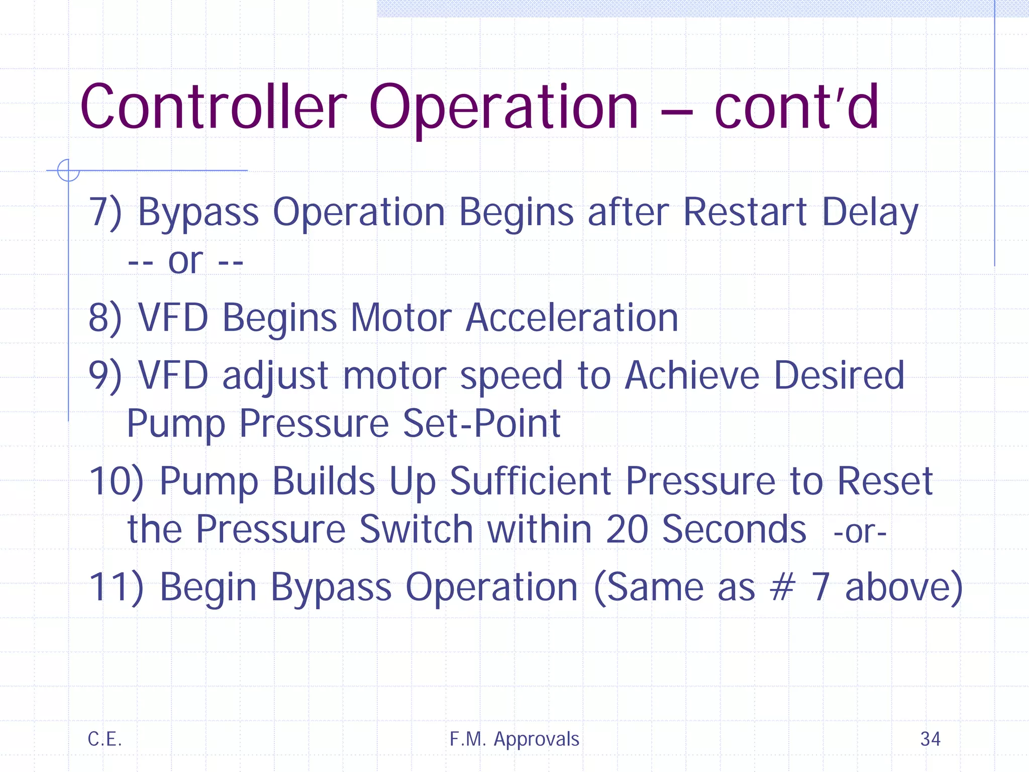 C.E. F.M. Approvals 34
Controller Operation – cont’d
7) Bypass Operation Begins after Restart Delay
-- or --
8) VFD Begins Motor Acceleration
9) VFD adjust motor speed to Achieve Desired
Pump Pressure Set-Point
10) Pump Builds Up Sufficient Pressure to Reset
the Pressure Switch within 20 Seconds -or-
11) Begin Bypass Operation (Same as # 7 above)
 