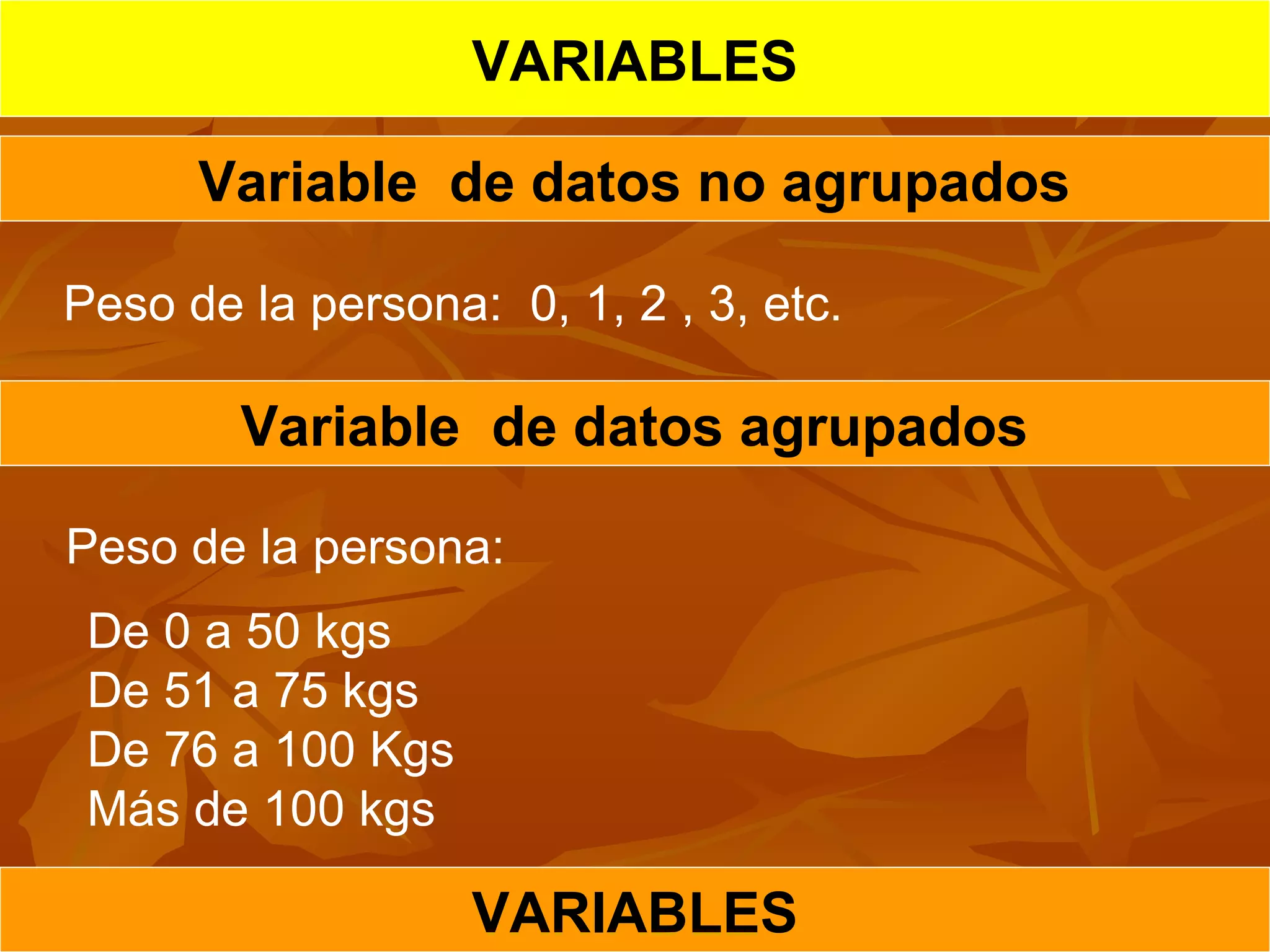 Variable de datos no agrupados
VARIABLES
VARIABLES
Peso de la persona:  0, 1, 2 , 3, etc.
Variable de datos agrupados
Peso de la persona:
De 0 a 50 kgs
De 51 a 75 kgs
De 76 a 100 Kgs
Más de 100 kgs
 