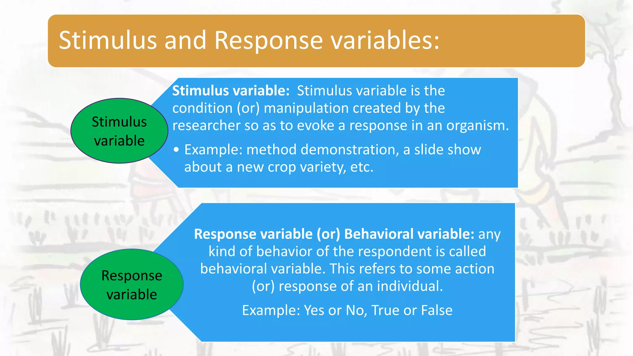 Stimulus and Response variables:
Stimulus variable: Stimulus variable is the
condition (or) manipulation created by the
researcher so as to evoke a response in an organism.
• Example: method demonstration, a slide show
about a new crop variety, etc.
Response variable (or) Behavioral variable: any
kind of behavior of the respondent is called
behavioral variable. This refers to some action
(or) response of an individual.
Example: Yes or No, True or False
Stimulus
variable
Response
variable
 