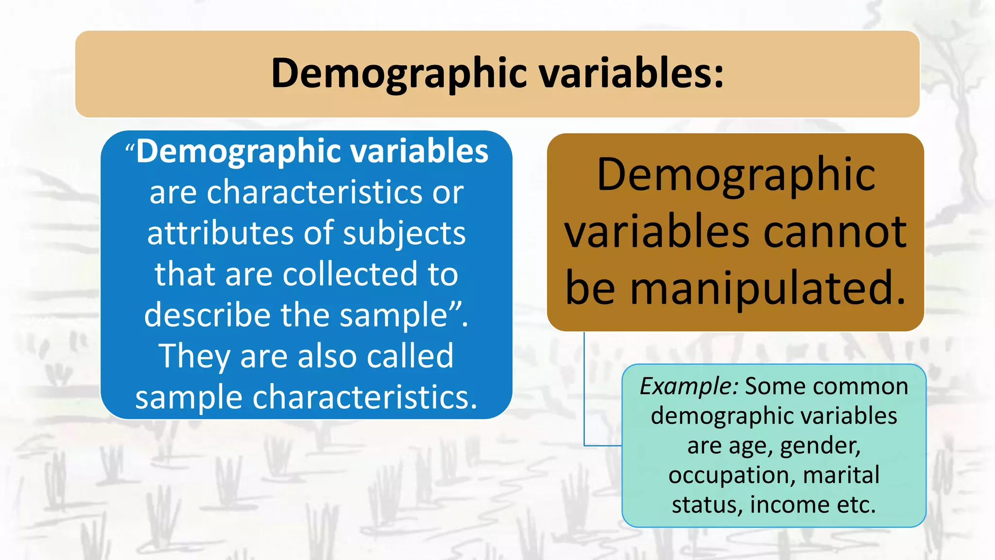 Demographic variables:
“Demographic variables
are characteristics or
attributes of subjects
that are collected to
describe the sample”.
They are also called
sample characteristics.
Demographic
variables cannot
be manipulated.
Example: Some common
demographic variables
are age, gender,
occupation, marital
status, income etc.
 