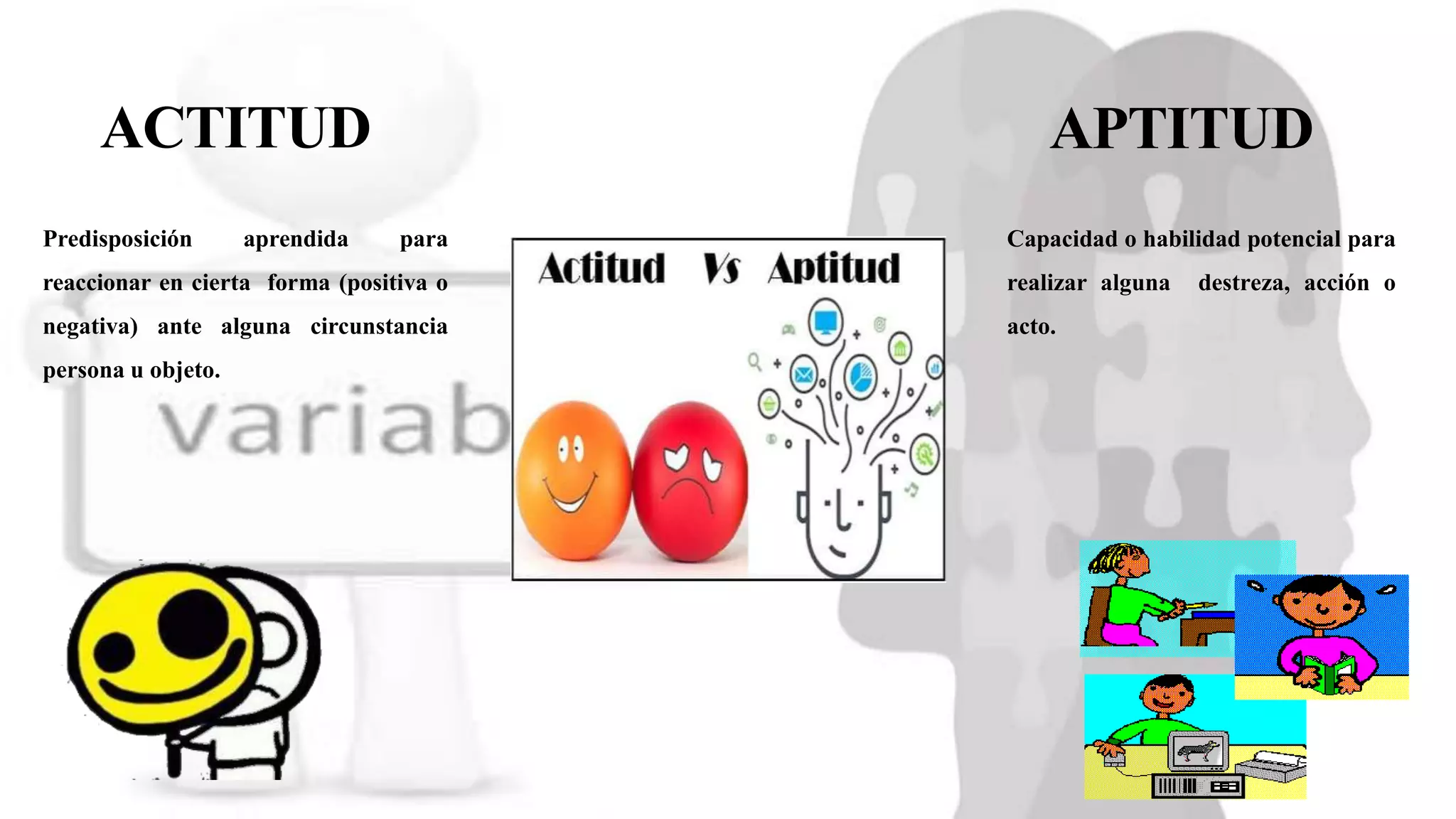 Predisposición aprendida para
reaccionar en cierta forma (positiva o
negativa) ante alguna circunstancia
persona u objeto.
ACTITUD APTITUD
Capacidad o habilidad potencial para
realizar alguna destreza, acción o
acto.
 
