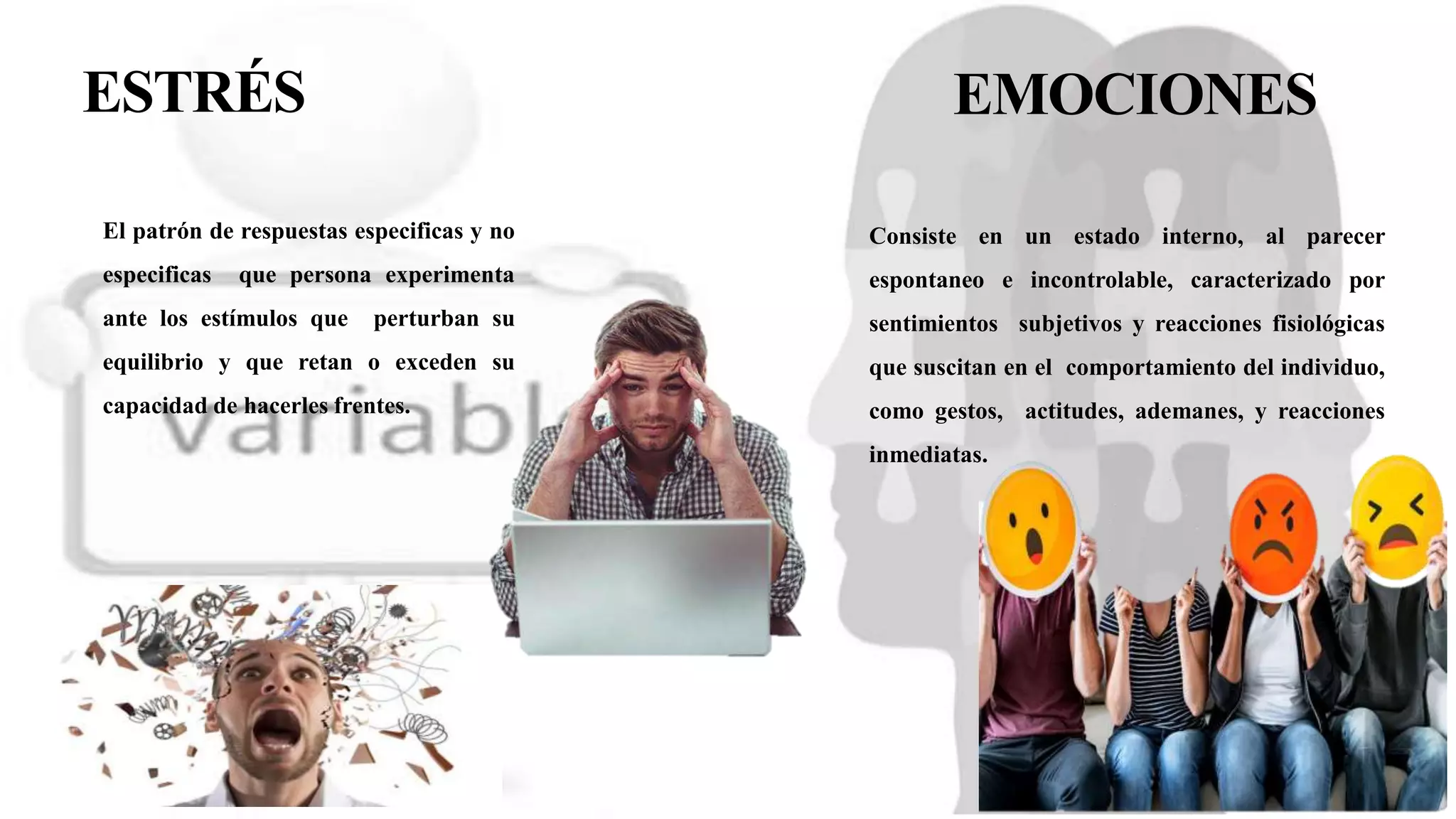 ESTRÉS EMOCIONES
El patrón de respuestas especificas y no
especificas que persona experimenta
ante los estímulos que perturban su
equilibrio y que retan o exceden su
capacidad de hacerles frentes.
Consiste en un estado interno, al parecer
espontaneo e incontrolable, caracterizado por
sentimientos subjetivos y reacciones fisiológicas
que suscitan en el comportamiento del individuo,
como gestos, actitudes, ademanes, y reacciones
inmediatas.
 
