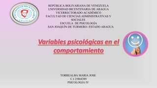 REPÚBLICA BOLIVARIANA DE VENEZUELA
UNIVERSIDAD BICENTENARIA DE ARAGUA
VICERRECTORADO ACADÉMICO
FACULTAD DE CIENCIAS ADMINISTRATIVAS Y
SOCIALES
ESCUELA DE PSICOLOGÍA
SAN JOAQUÍN DE TURMERO- ESTADO ARAGUA
TORREALBA MARIA JOSE
C.I 25864389
PSICOLOGIA IV
 