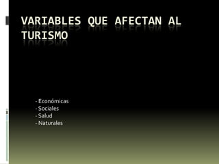 VARIABLES QUE AFECTAN AL
TURISMO
- Económicas
- Sociales
- Salud
- Naturales
 
