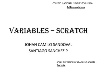 Variables – scratch
JOHAN CAMILO SANDOVAL
SANTIAGO SANCHEZ P.
COLEGIO NACIONAL NICOLAS ESGUERRA
Edificamos futuro
JOHN ALEXANDER CARABALLO ACOSTA
Docente
 