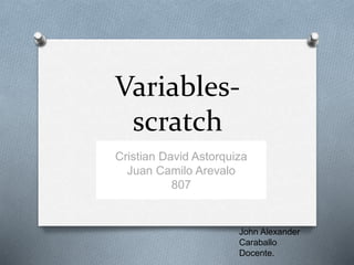 Variables-
scratch
Sebastián rojas Sotelo
801
John Alexander
Caraballo
Docente.
Cristian David Astorquiza
Juan Camilo Arevalo
807
 